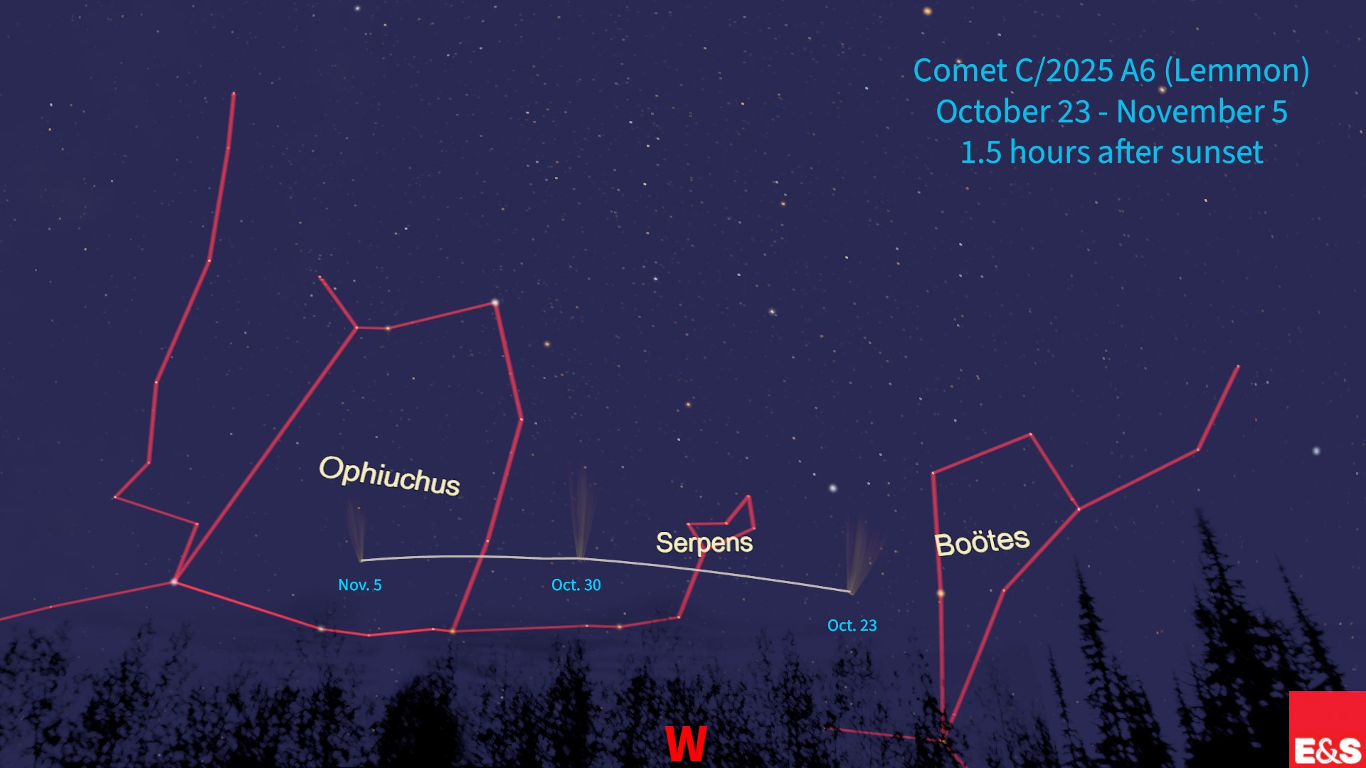 Comet Lemmon's position marked on the sky as it moves through the constellations Bootes, Serpens and Ophiucus from October 23 through November 5.