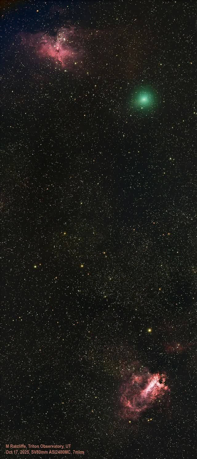 Comet Swan appears as a green ball near the bright red Eagle Nebula.