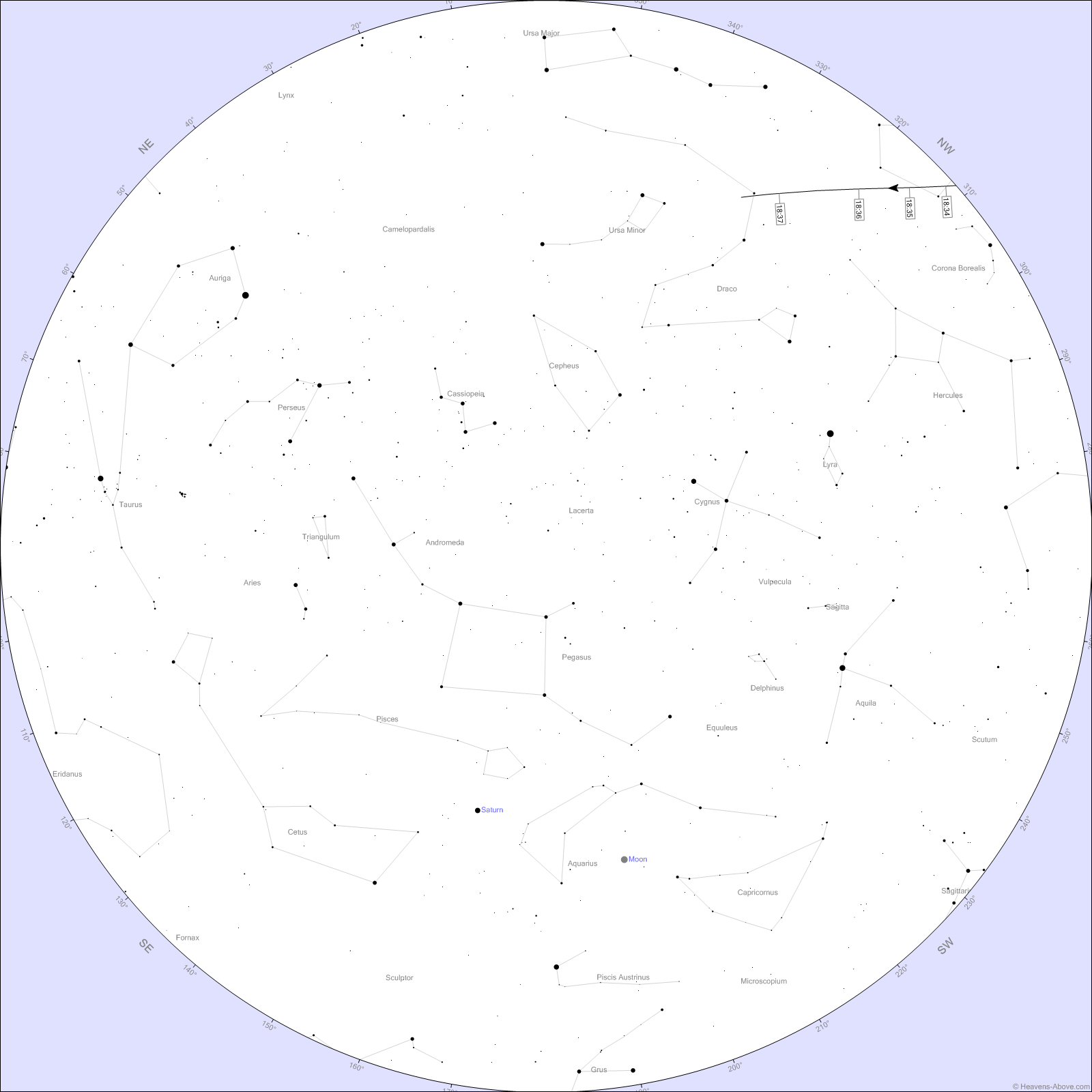 Star chart showing the location of the International Space Station as it passes overhead on November 27.