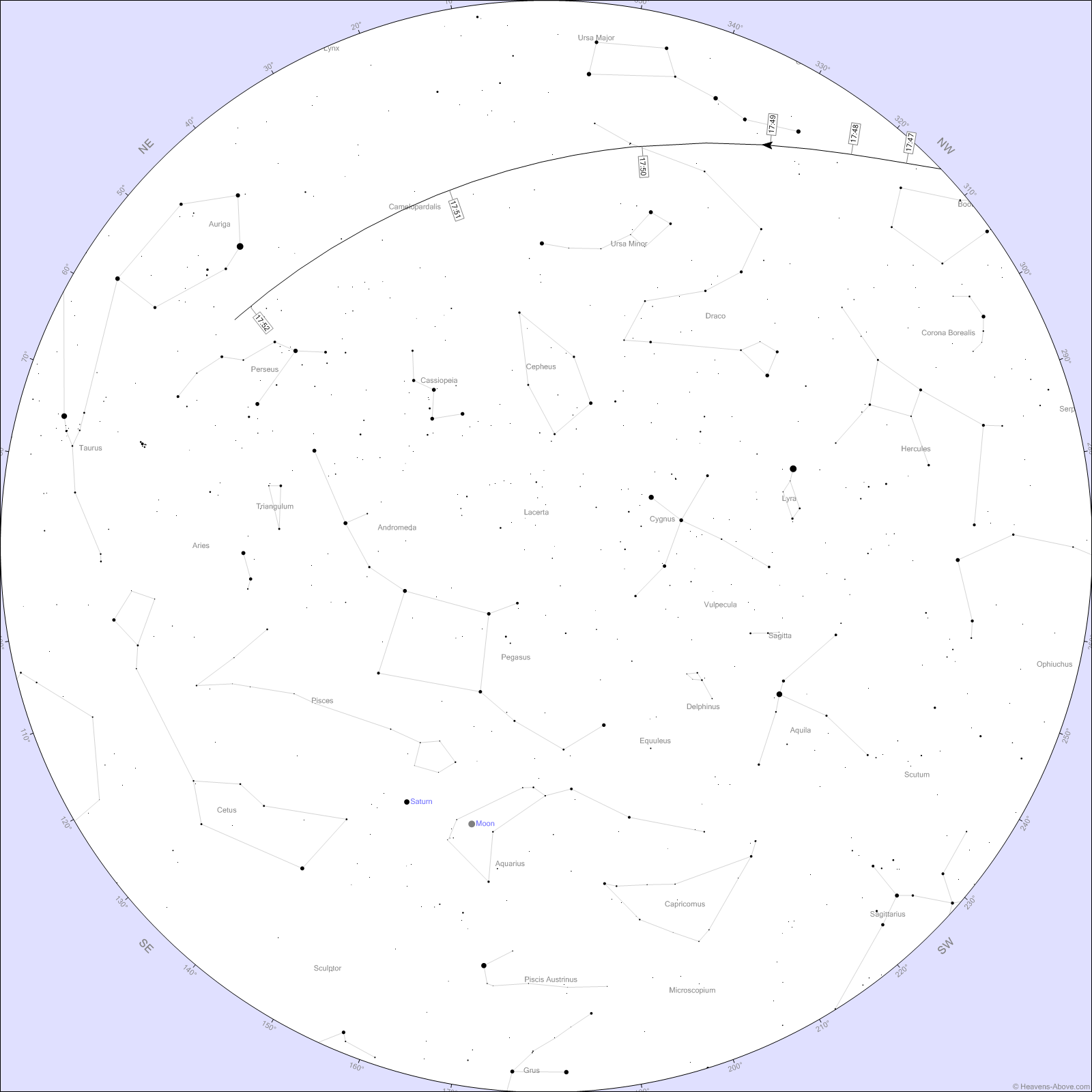A star chart showing the location of the ISS as it passes overhead on November 28.
