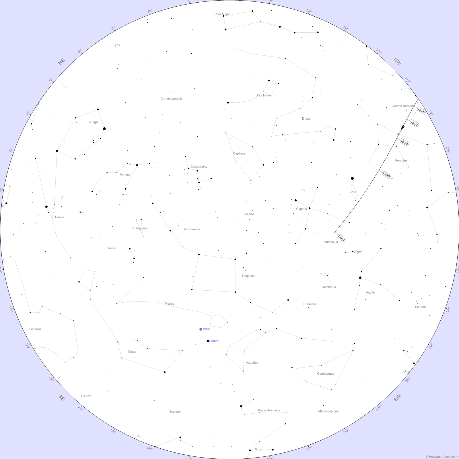 A star chart showing the location of the ISS as it passes overhead on November 29.
