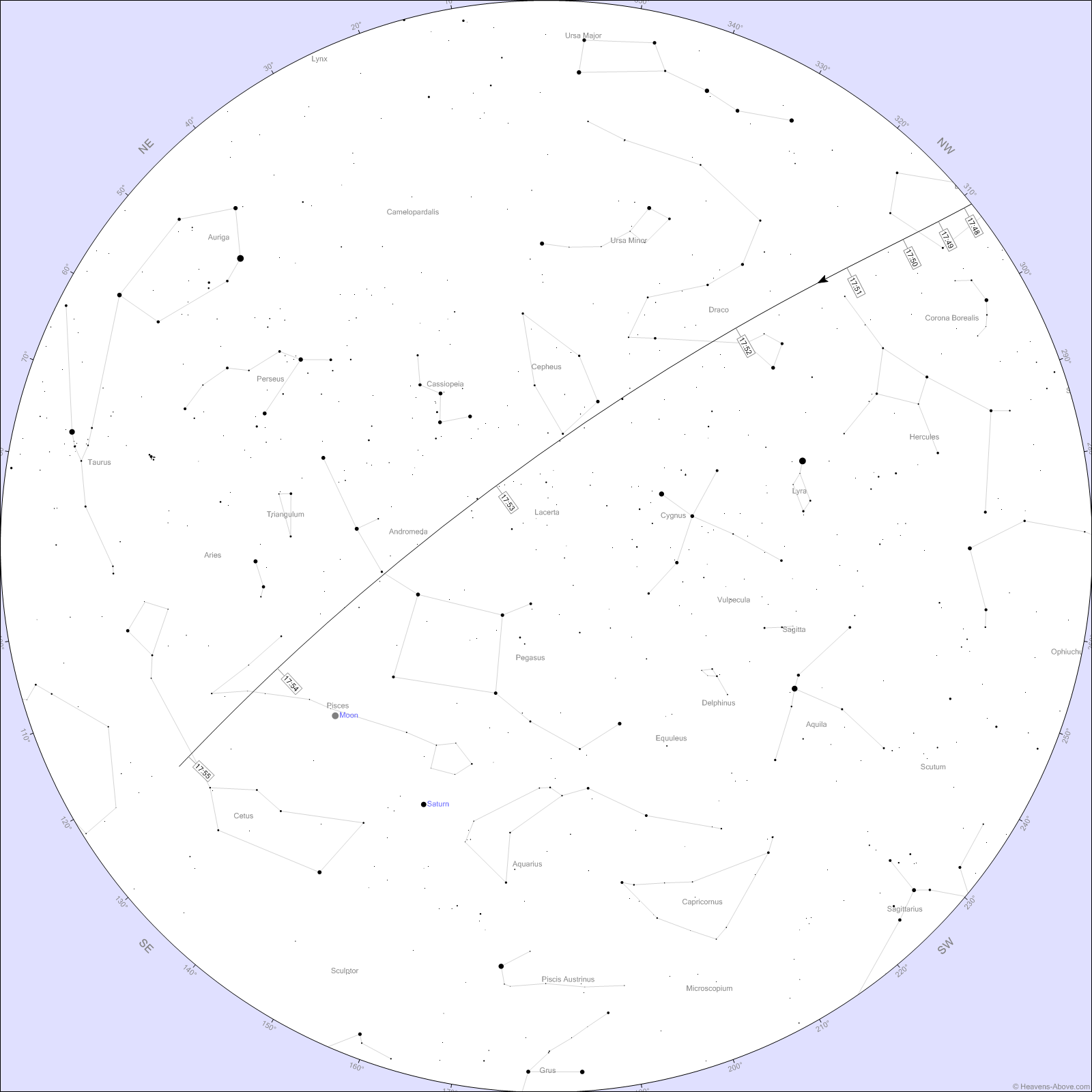 A star chart showing the location of the ISS as it passes overhead on November 30.