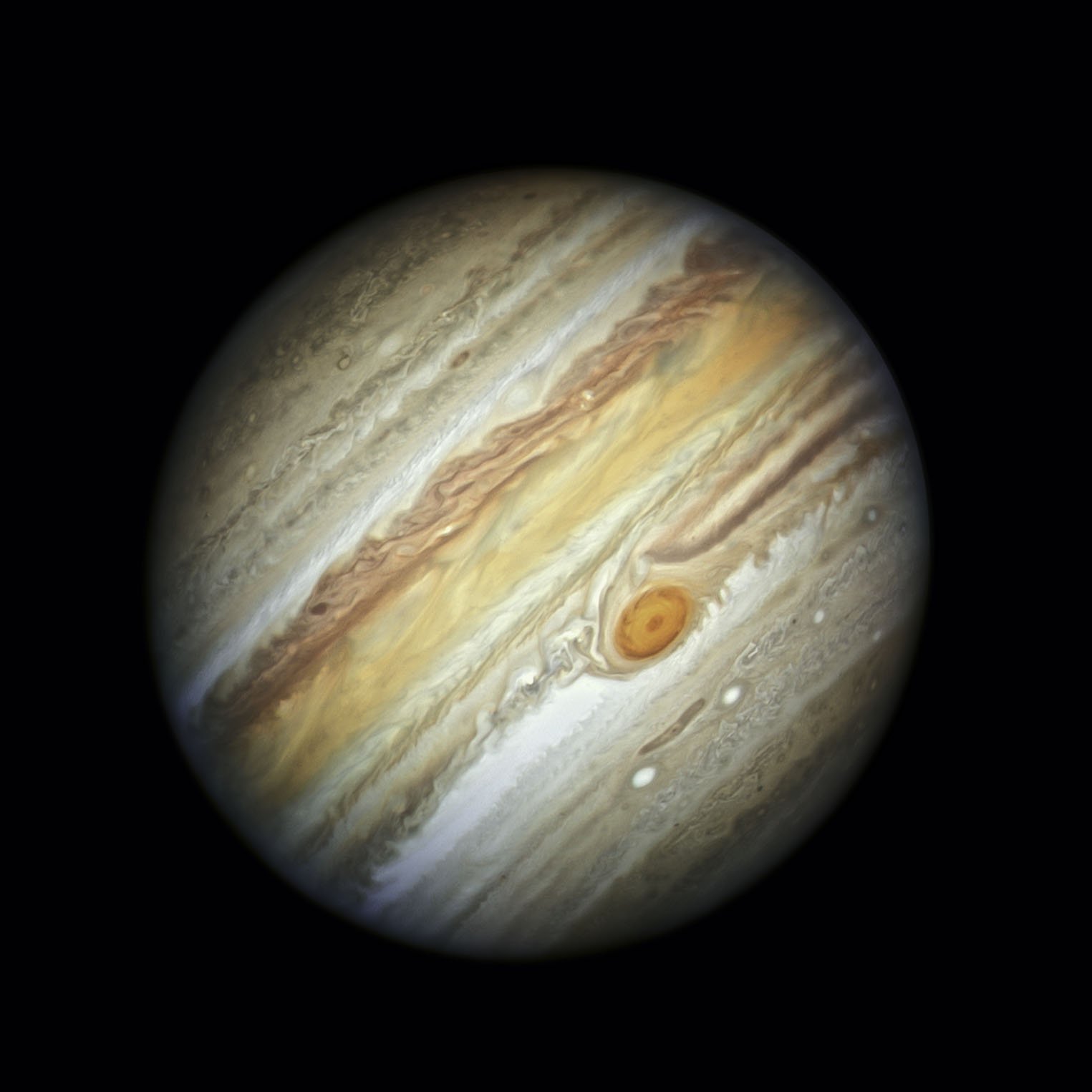 A detailed look at Jupiter from NASA's Hubble Space Telescope. Colorful cloud bands and the Great Red Spot are visible.