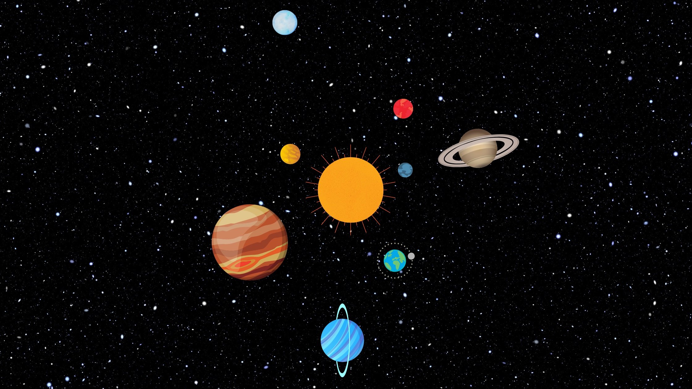 Cartoon planets orbit a cartoon sun on a starry background.