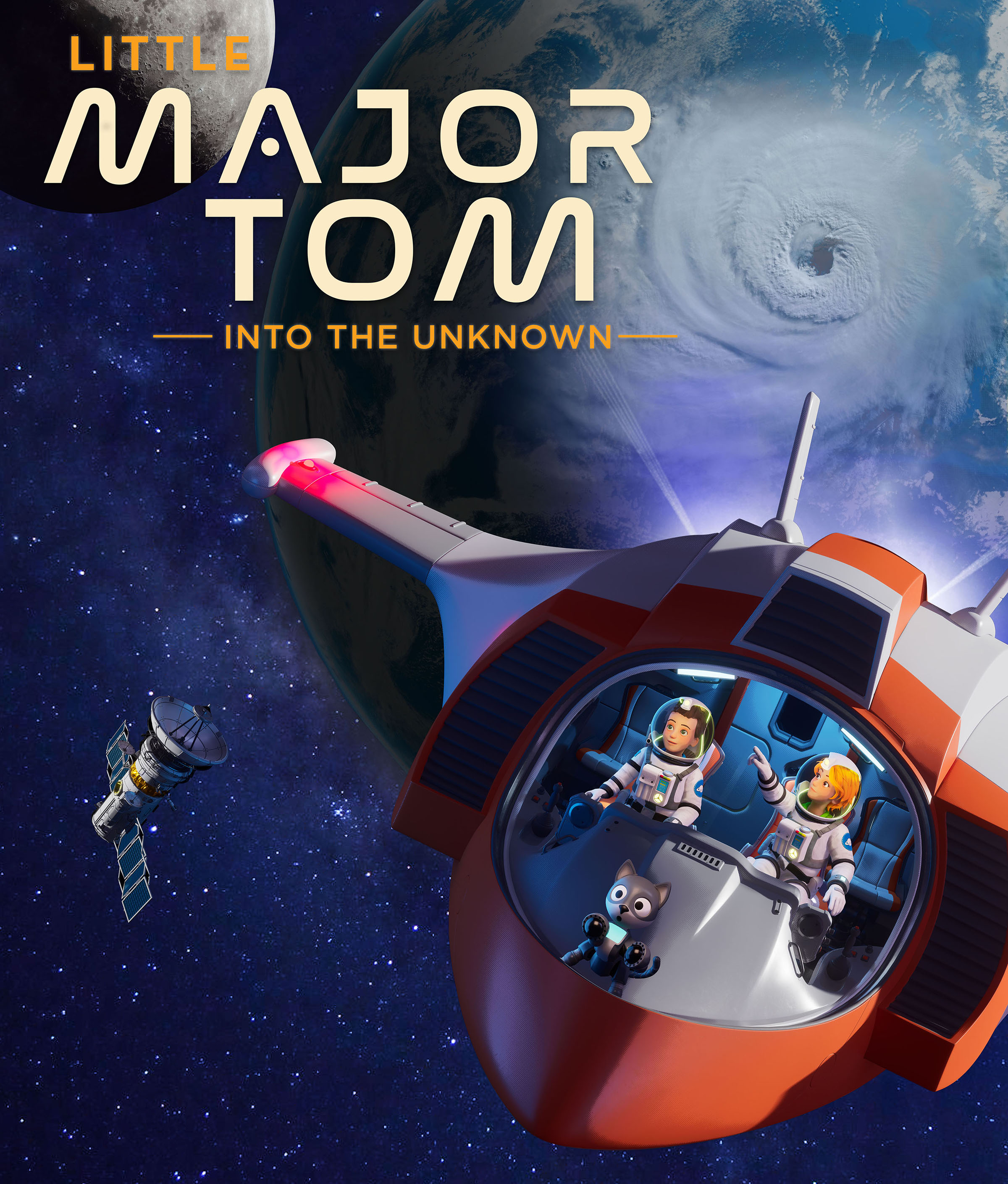Text reads "Little Major Tom". Two people fly above earth in a futuristic spaceship. A hurricane can be seen on the Earth below.