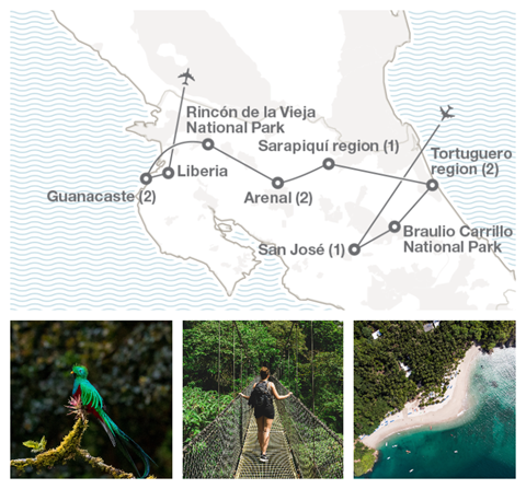 map of coasta rica and photos of: exotic bird, walking across a rope bridge, beautiful blue water 