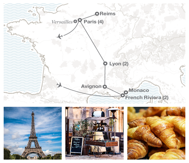 map of France and photos of: Eiffel Tower, cart with flowers, croissants
