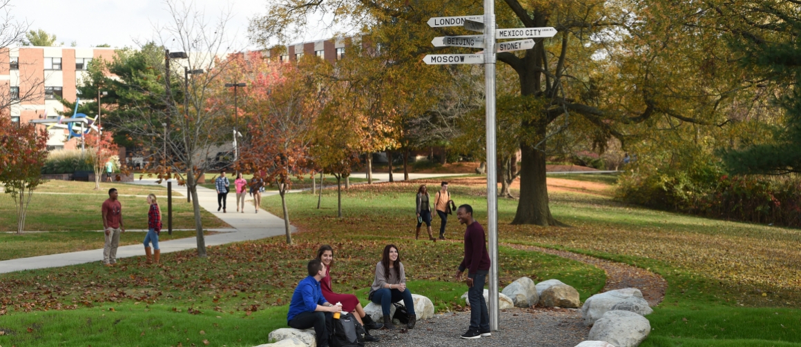 A group of students sit in a field on campus by a walkway. Orange leaves cover the ground around them.
