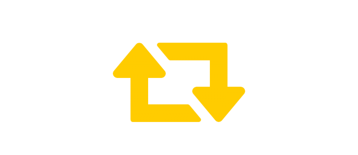 Two yellow arrows pointing to eachother in a square shape, similar to a retweet logo. 