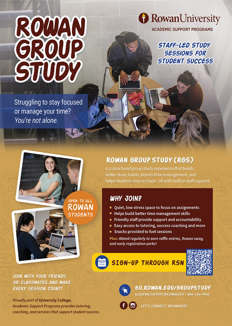 Rowan Group Study flyer advertising details about staff-led study sessions for student success
