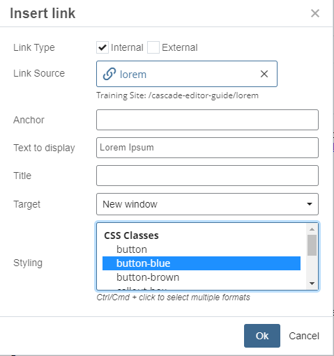 screenshot of insert link dialogue box