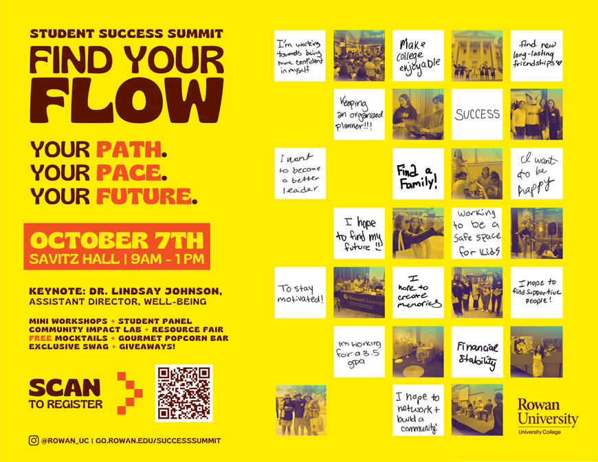 A yellow Student Success Summit graphic with event details, a QR code, and a collage of student handwritten goals on the right.