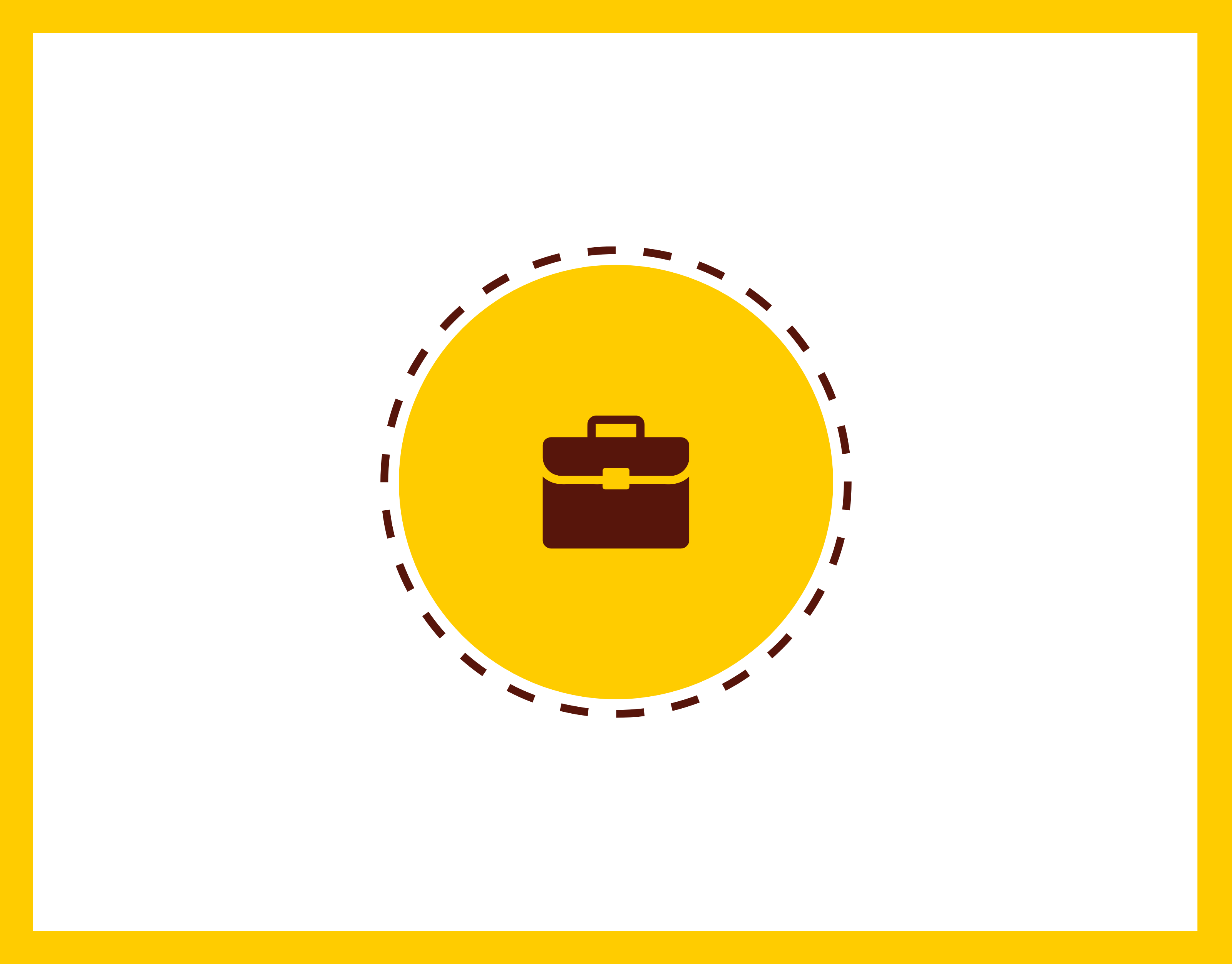 A yellow circular graphic with a dark brown briefcase icon in the center, surrounded by a dashed dark brown circular border.