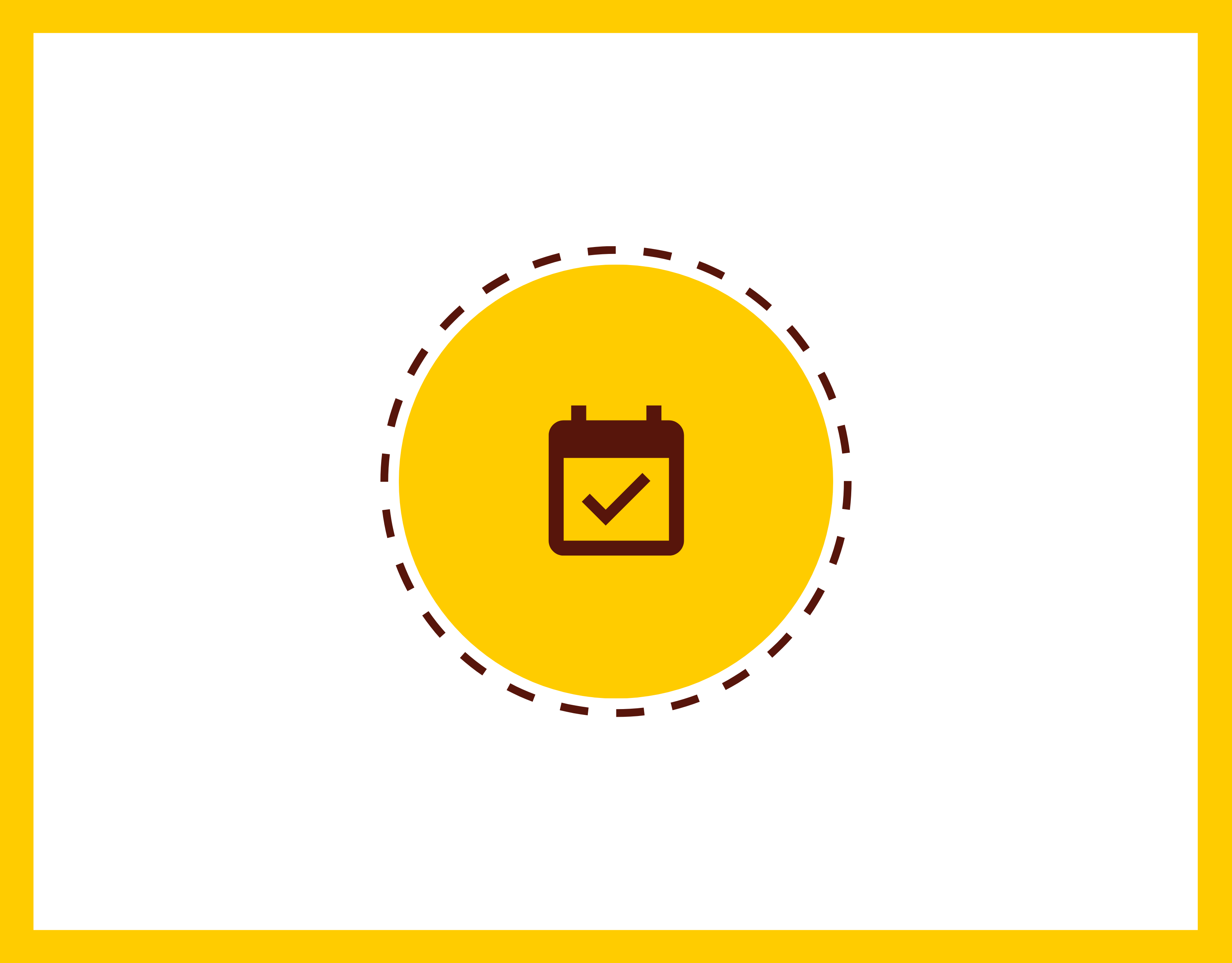 A yellow circular graphic with a dark brown calendar icon in the center, surrounded by a dashed dark brown circular border.