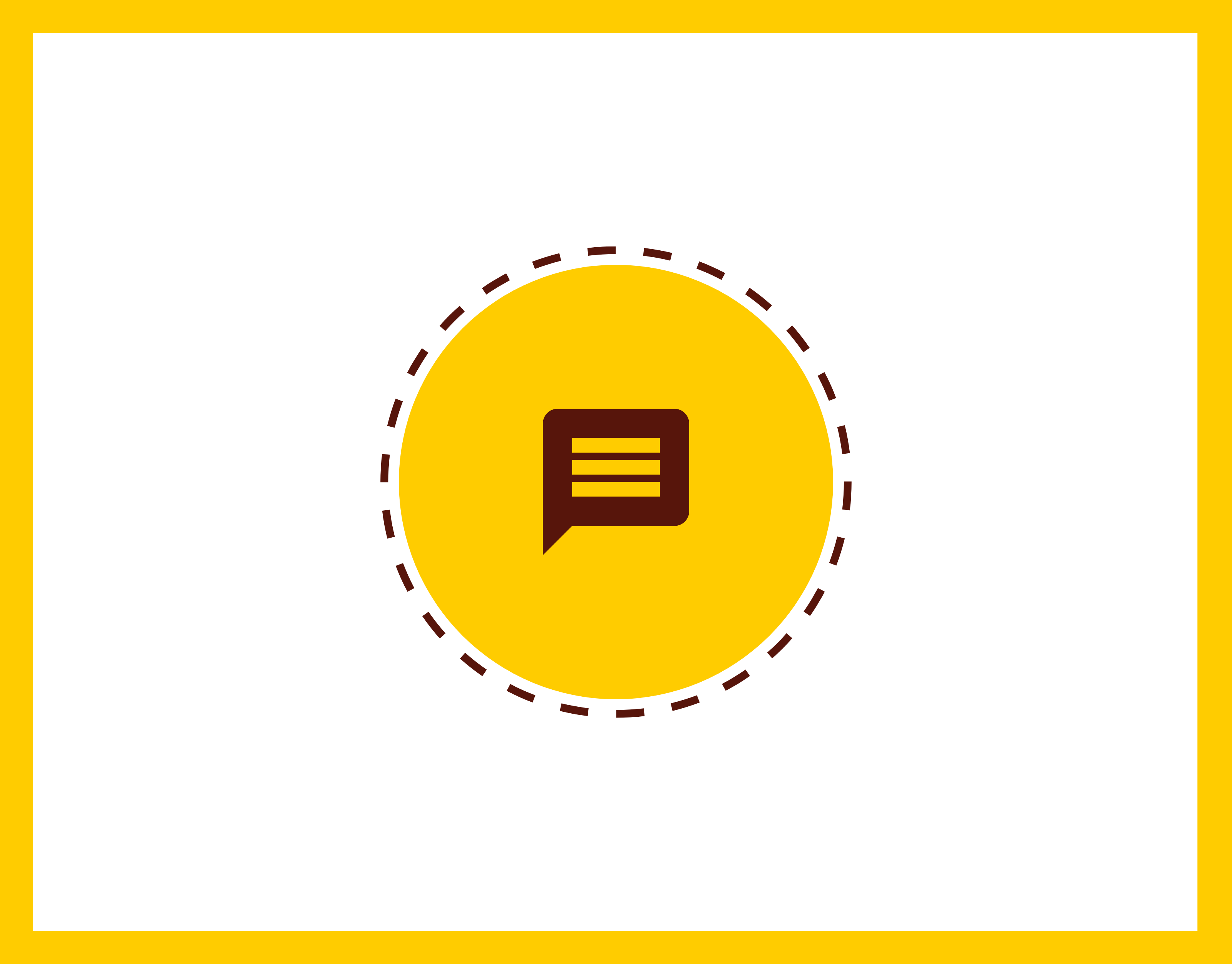 A yellow circular graphic with a dark brown speech bubble icon in the center, surrounded by a dashed dark brown circular border.