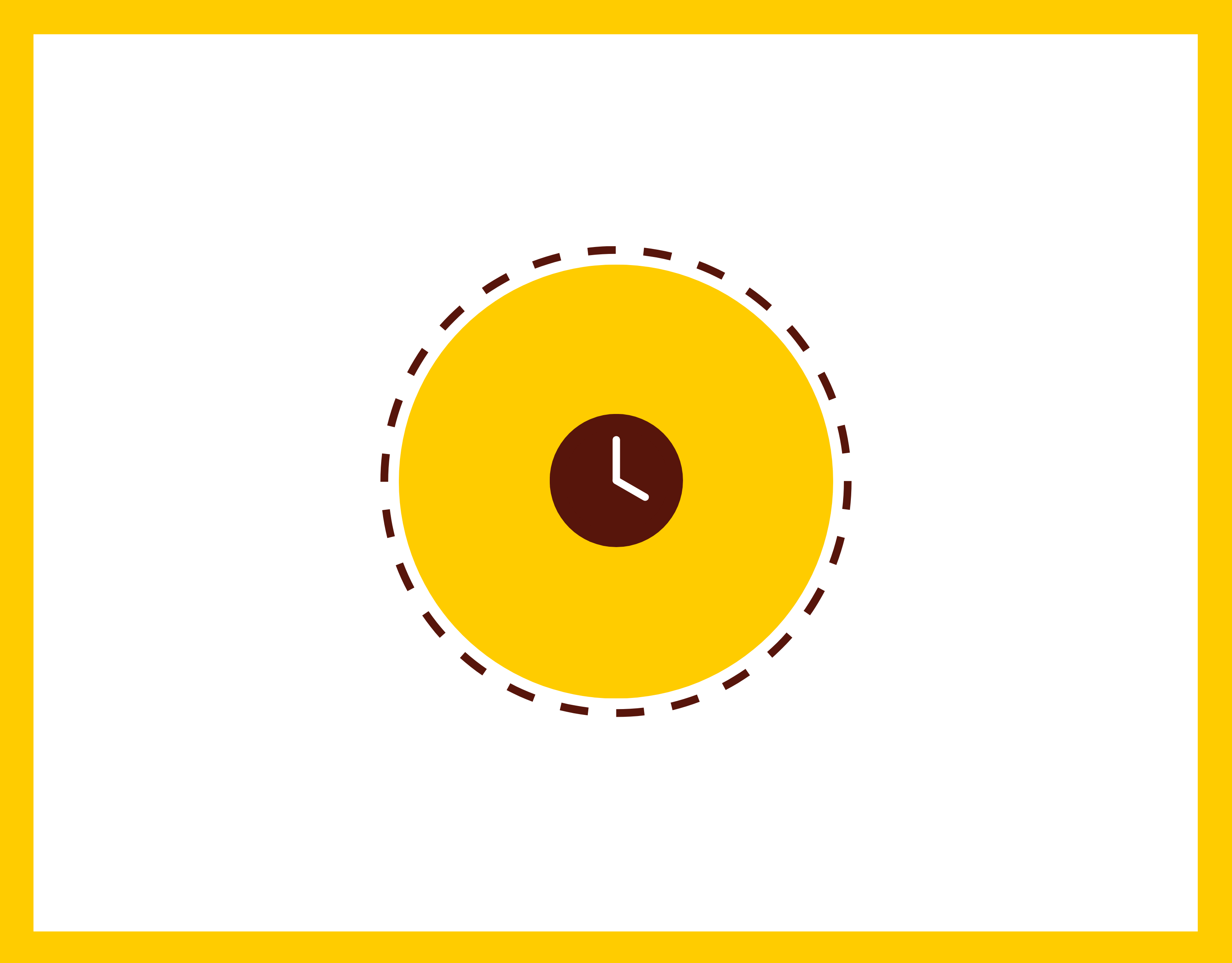 A yellow circular graphic with a dark brown clock icon in the center, surrounded by a dashed dark brown circular border.