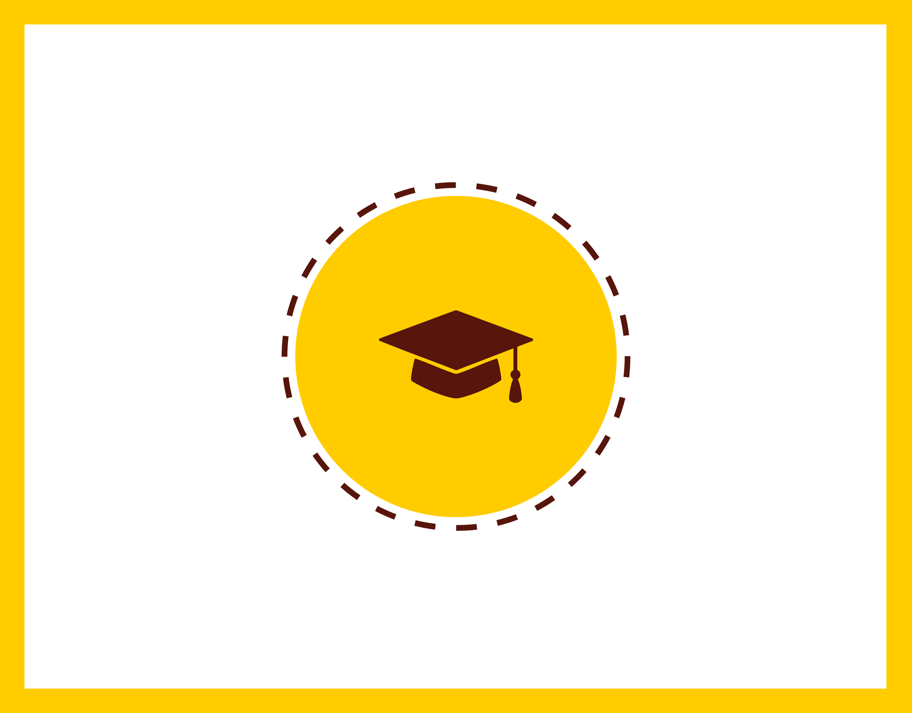 A yellow circular graphic with a dark brown graduation cap icon in the center, surrounded by a dashed dark brown circular border.