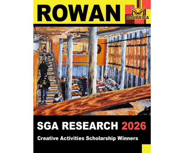 A Rowan SGA magazine highlights 2026 creative scholarship winners with bold campus branding and a warm, painterly interior scene.