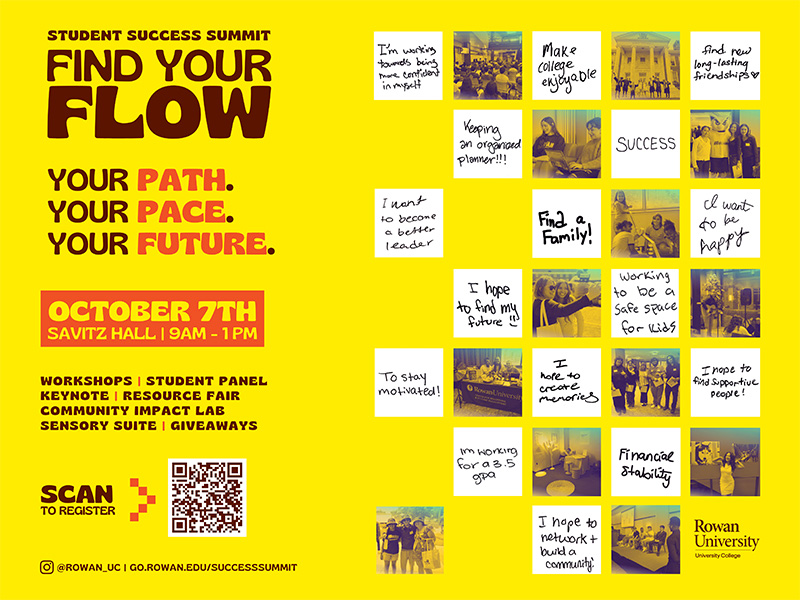 A yellow Student Success Summit graphic with event details, a QR code, and a collage of student handwritten goals on the right.