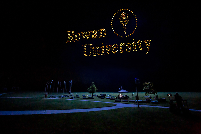 Verge Aero drones form the Rowan University logo.