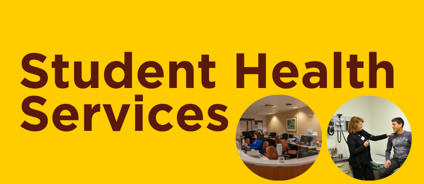Student health services words with a picture of a student and a nurse and then another picture of a nurse at her desk