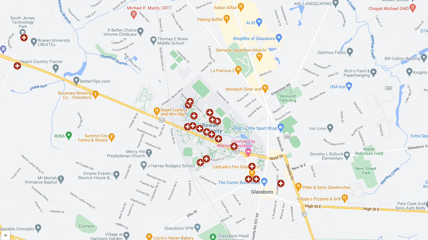 Google map depicting AED locations on the Glassboro campus. 