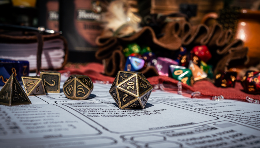 dungeons and dragons game board with the dice as main focus